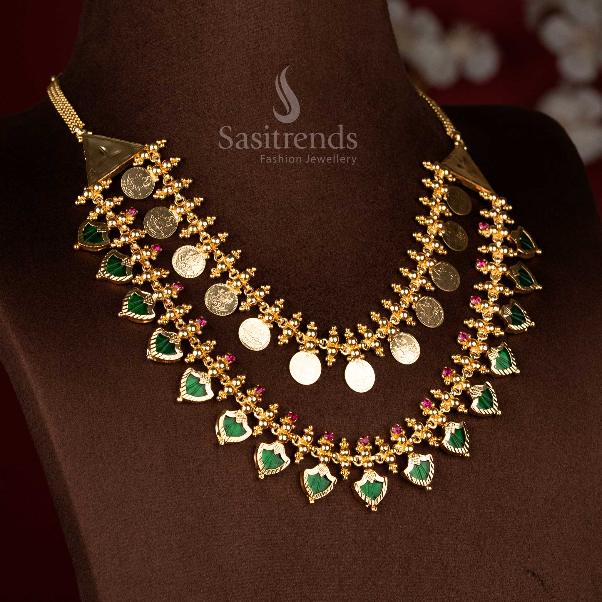 Sasitrends micro gold plated green palakka Lakshmi coin double layer necklace with AD stone detailing inspired by Kerala traditional jewellery and Onam wear