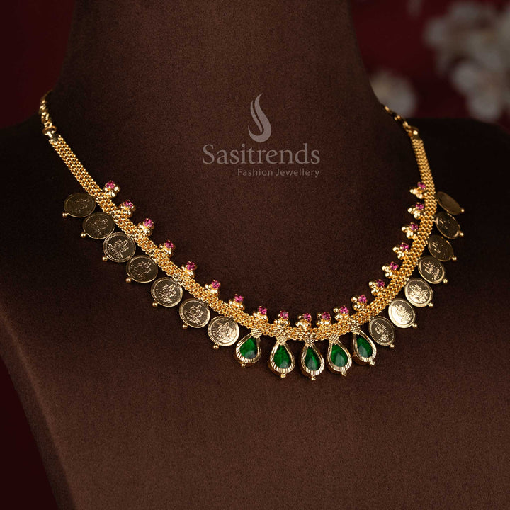 One Gram Micro Gold Plated Teardrop Palakka Motif Lakshmi Coin AD Stone Necklace | Kerala Traditional Jewellery