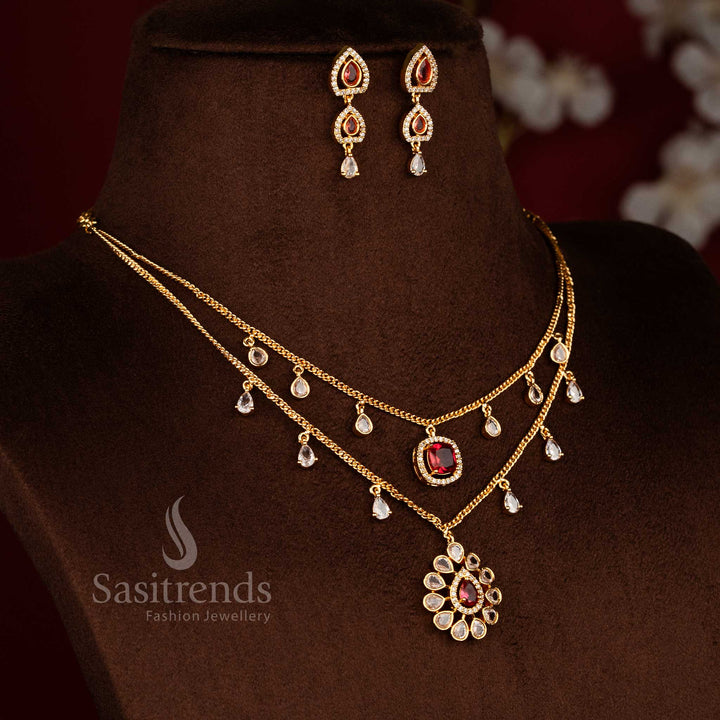Stunning 24K Micro Gold Plated American Diamond Two Layer Teardrop Motif Necklace Jewellery Set with | Party & Festive Wear