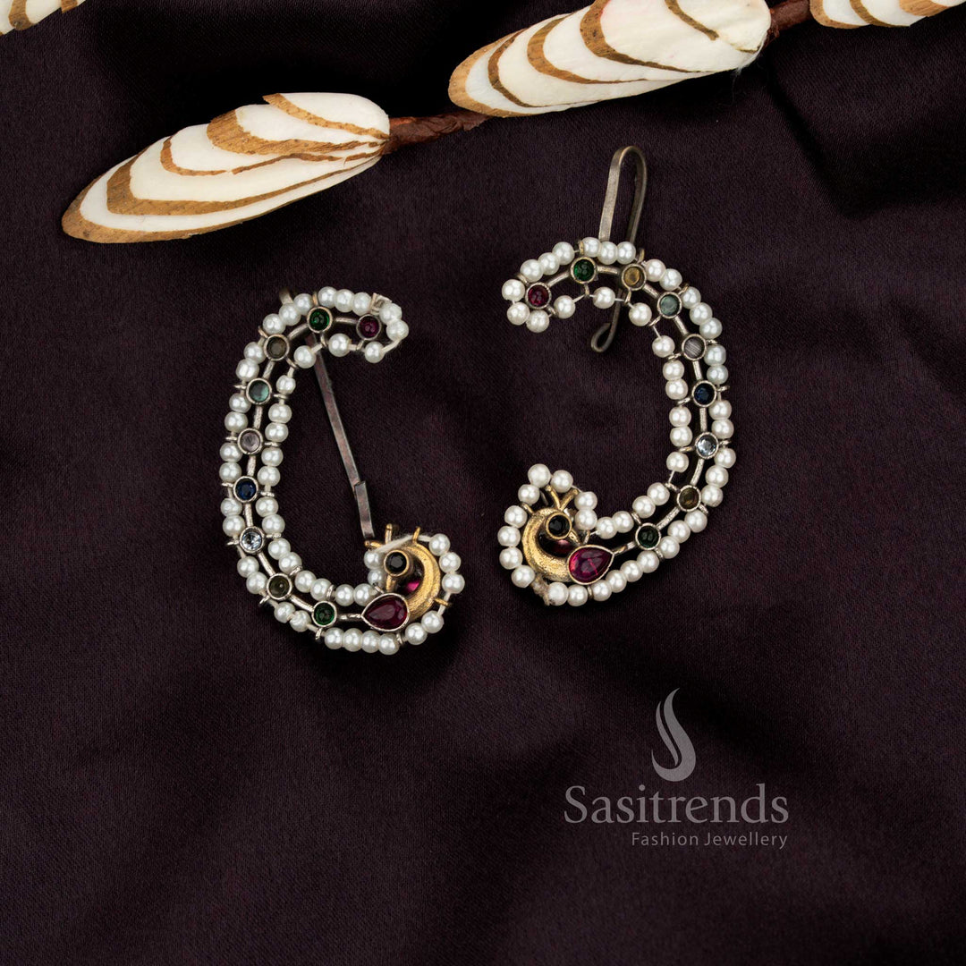 Sasitrends antique oxidised dual tone peacock crescent multi stone earcuff earrings crafted for elegant and stylish wear