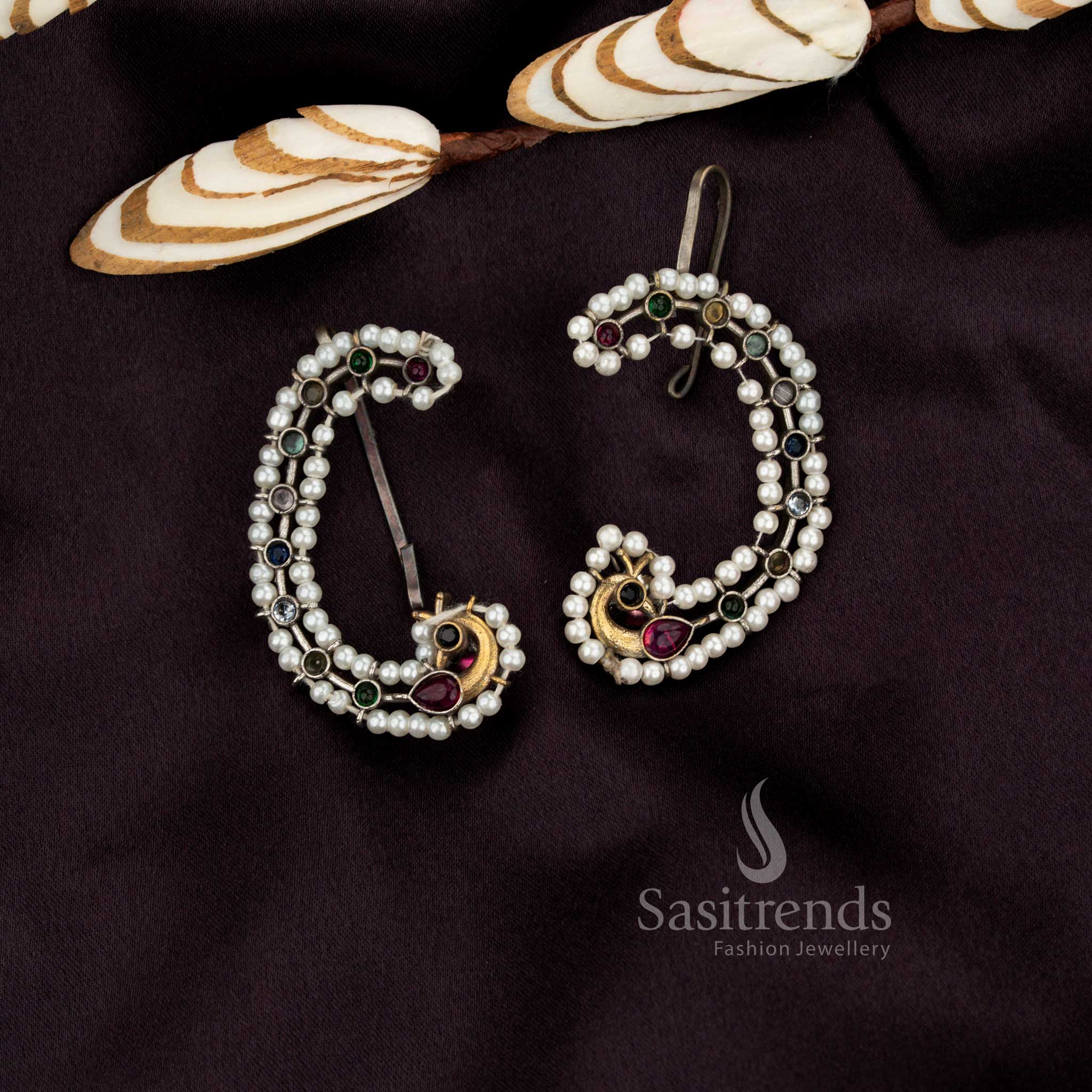 Sasitrends antique oxidised dual tone peacock crescent multi stone earcuff earrings crafted for elegant and stylish wear