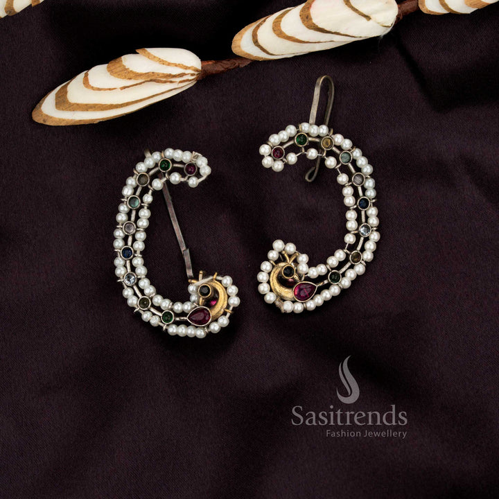 Elegant Antique Oxidised Dual-Tone Peacock Crescent Stone Earcuff Earrings for Stylish & Evening Wear