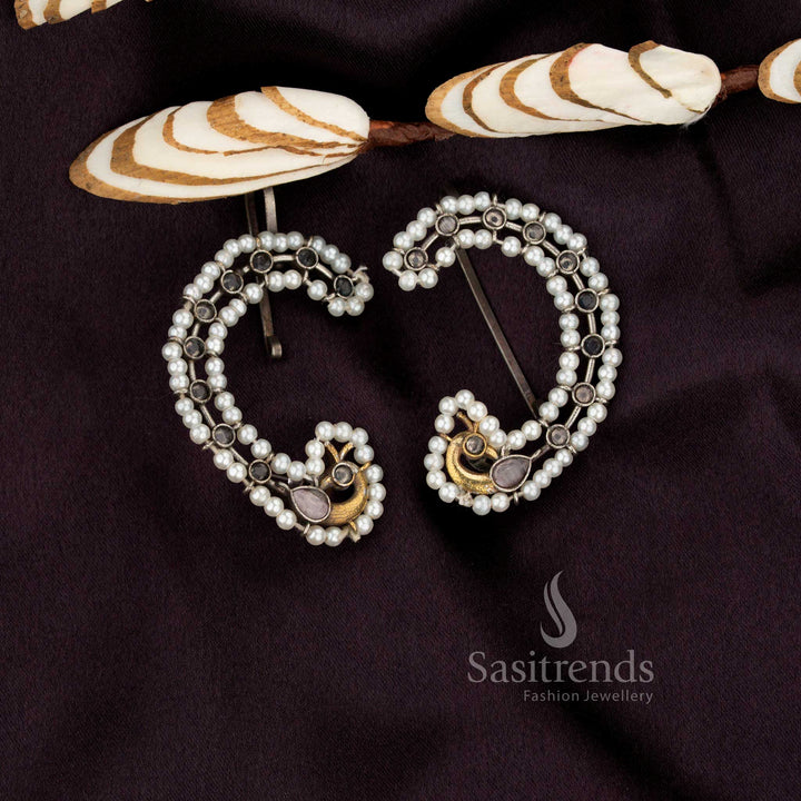 Sasitrends antique oxidised peacock crescent pink stone earcuff earrings suited for special and evening occasions