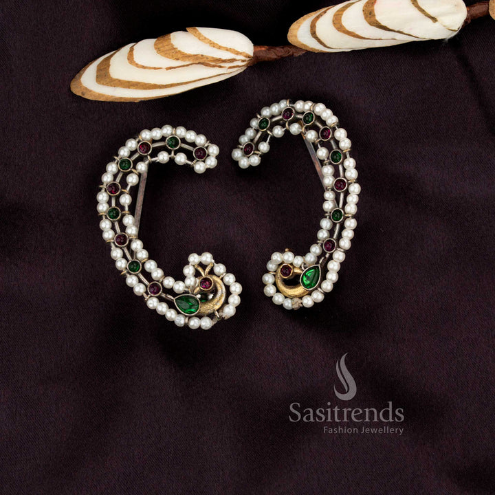 Sasitrends dual tone antique peacock inspired earcuff earrings featuring crescent ruby green stone detailing