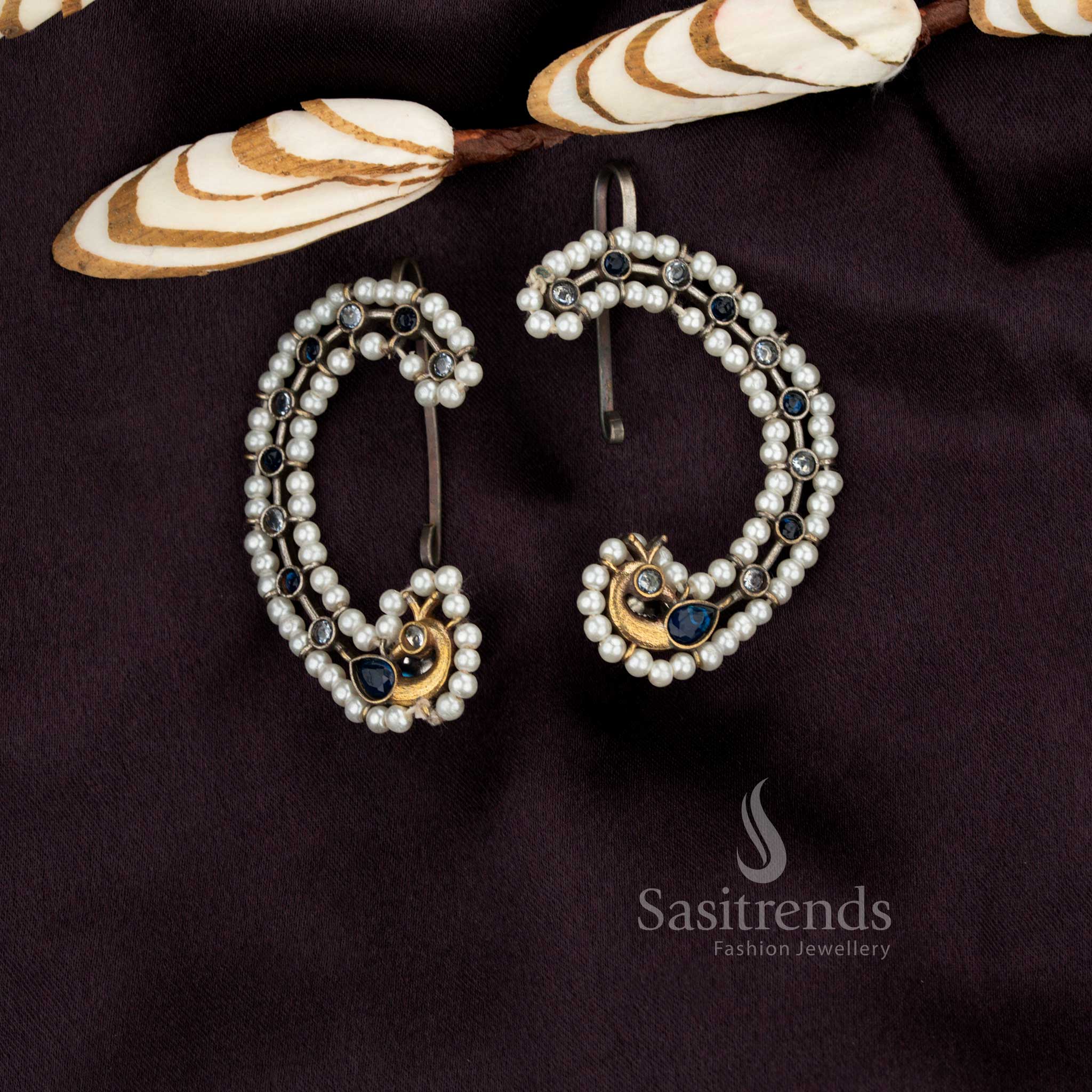 Sasitrends elegant oxidised white blue stone peacock crescent earcuff earrings with an artistic antique finish