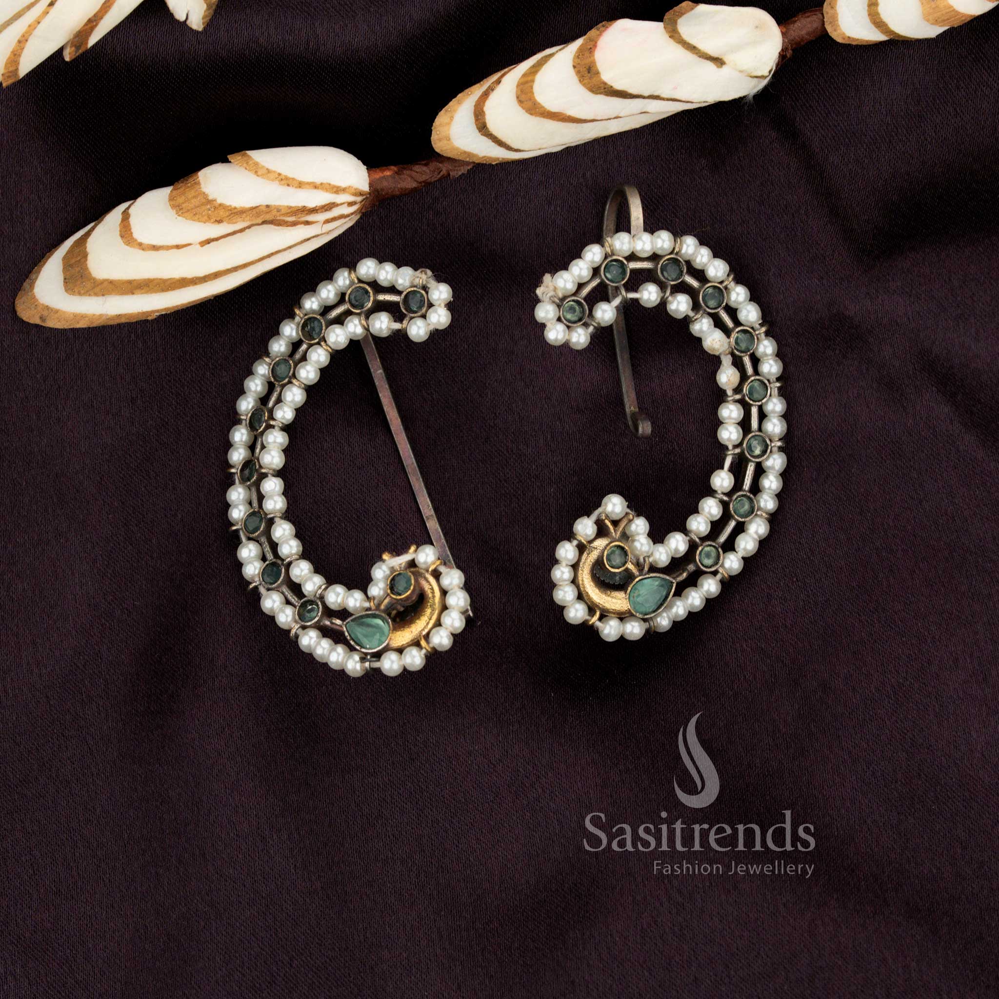 Sasitrends oxidised peacock crescent mint stone earcuff earrings designed for stylish evening wear and occasions