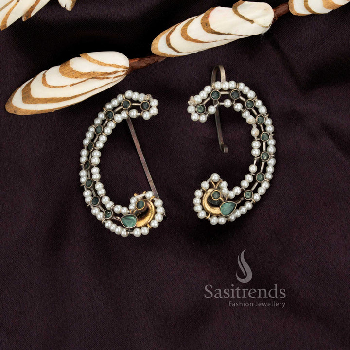 Sasitrends oxidised peacock crescent mint stone earcuff earrings designed for stylish evening wear and occasions
