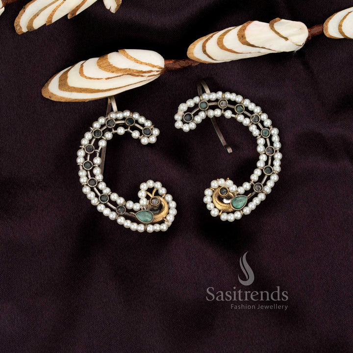 Sasitrends oxidised peacock crescent pink mint stone earcuff earrings offering bold statement appeal for evenings