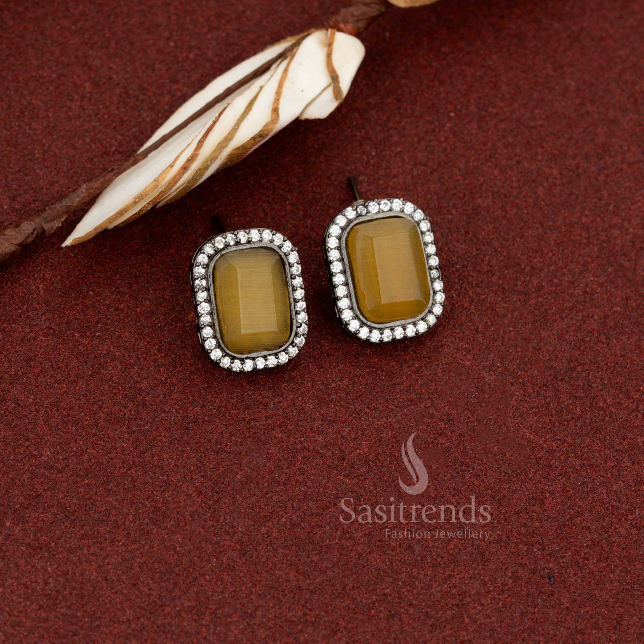 Sasitrends elegant oxidised silver plated halo stud earrings with yellow rectangular Monalisa stone in classic style