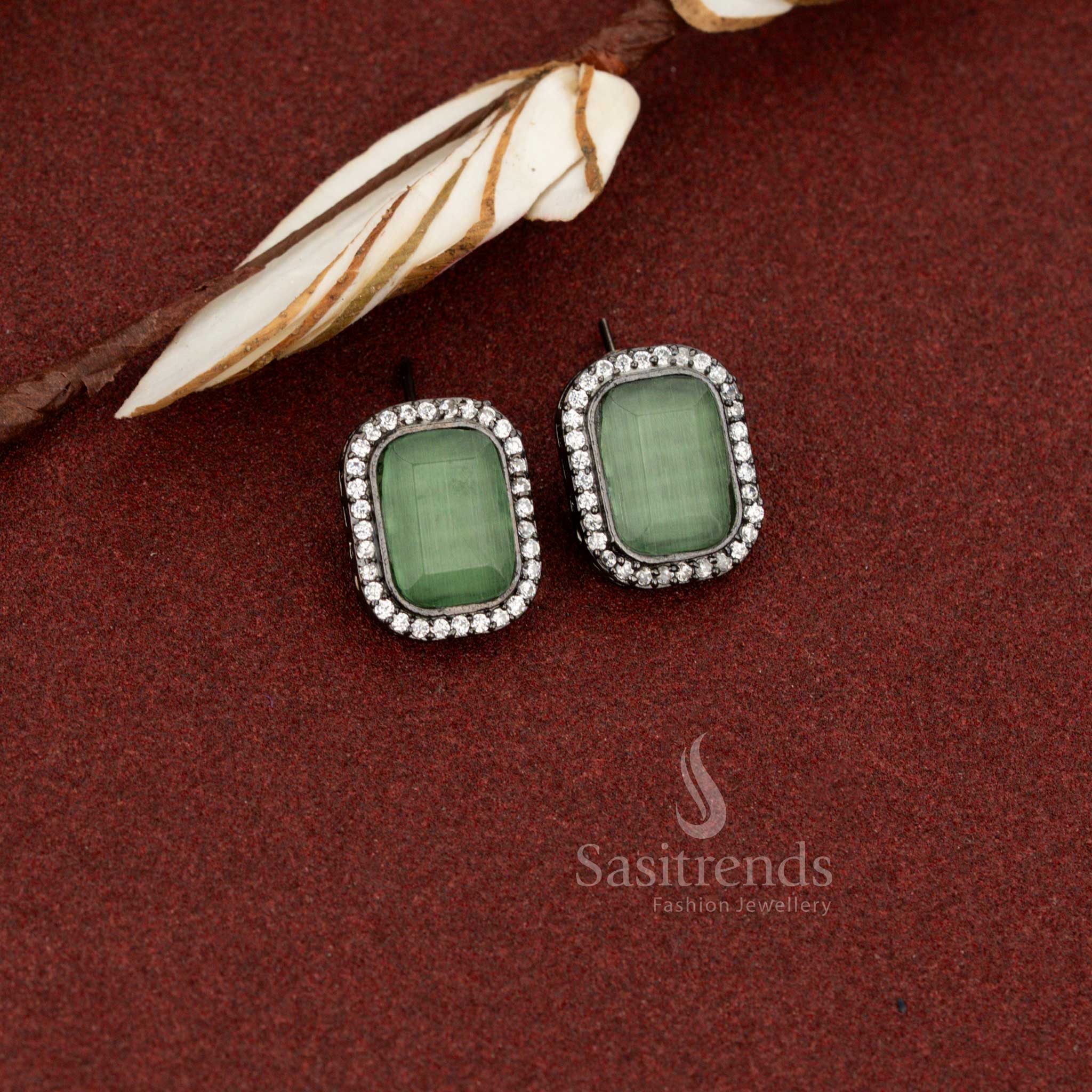 Sasitrends minimal oxidised rectangular stud earrings featuring light green Monalisa stone with a refined elegant look