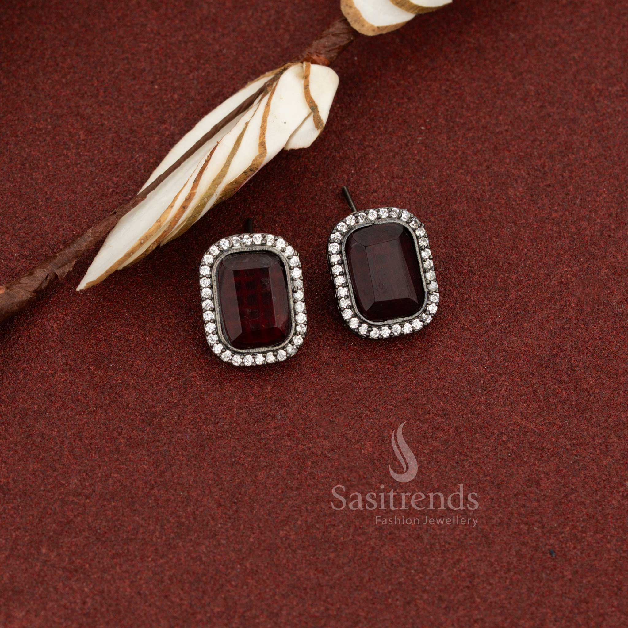Sasitrends modern minimal oxidised rectangular stud earrings with maroon Monalisa stone for effortless wear