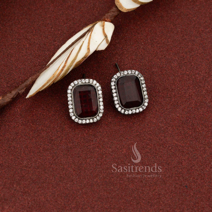 Sasitrends modern minimal oxidised rectangular stud earrings with maroon Monalisa stone for effortless wear