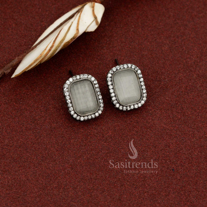 Sasitrends oxidised rectangular halo stud earrings with white Monalisa stone showcasing a timeless design