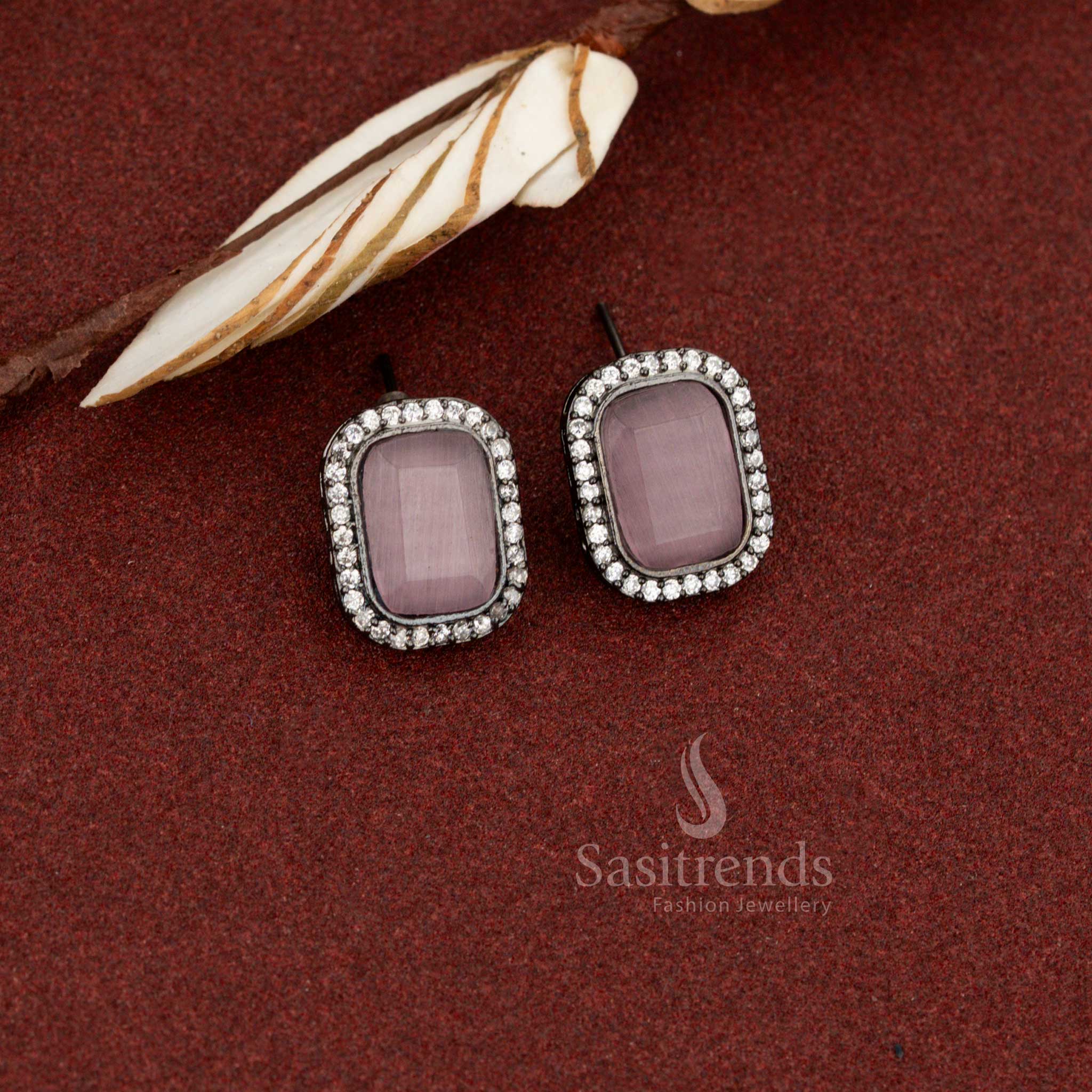 Sasitrends minimal elegant oxidised silver plated rectangular stud earrings enhanced with pink Monalisa stone