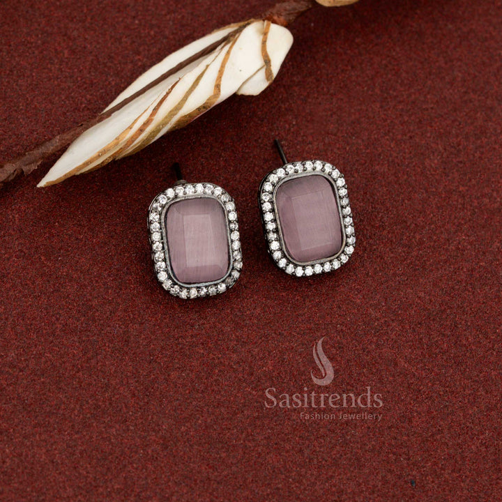 Sasitrends minimal elegant oxidised silver plated rectangular stud earrings enhanced with pink Monalisa stone