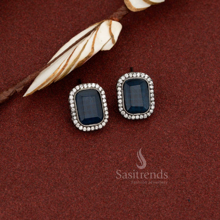 Sasitrends oxidised silver plated blue Monalisa stone stud earrings featuring a graceful and polished finish