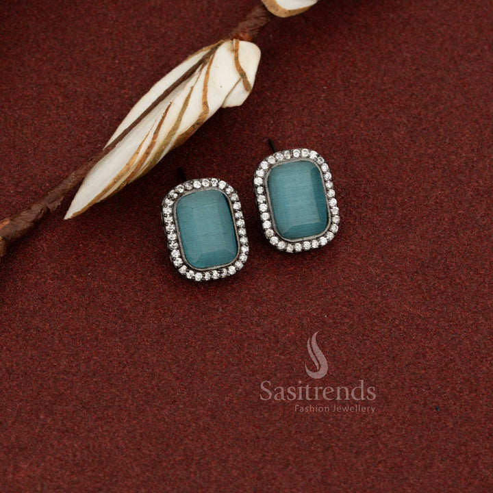 Sasitrends oxidised silver plated rectangular halo stud earrings with ocean blue Monalisa stone styled for everyday elegance