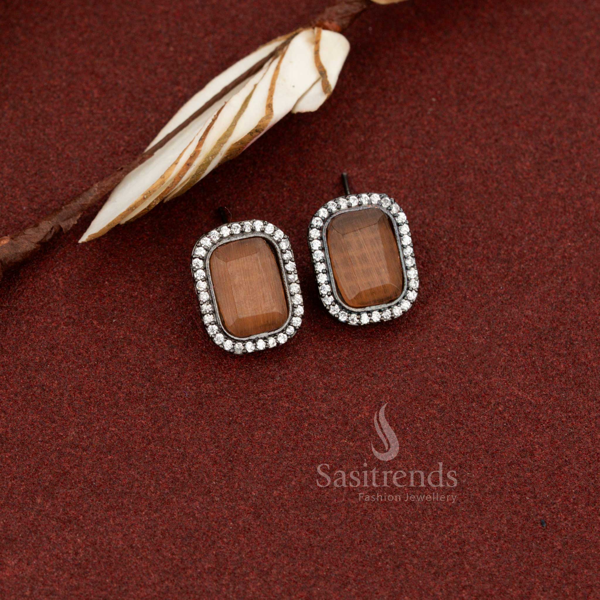 Sasitrends rectangular halo oxidised stud earrings with peach Monalisa stone offering understated charm