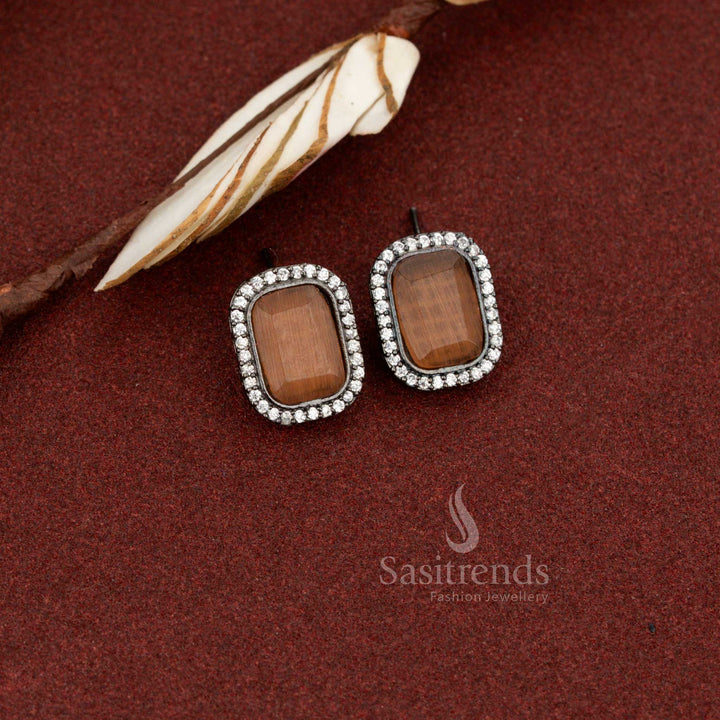 Sasitrends rectangular halo oxidised stud earrings with peach Monalisa stone offering understated charm