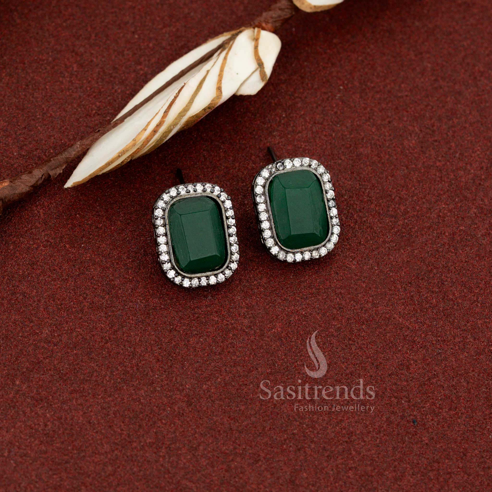 Sasitrends subtle everyday oxidised silver plated stud earrings adorned with green rectangular Monalisa stone