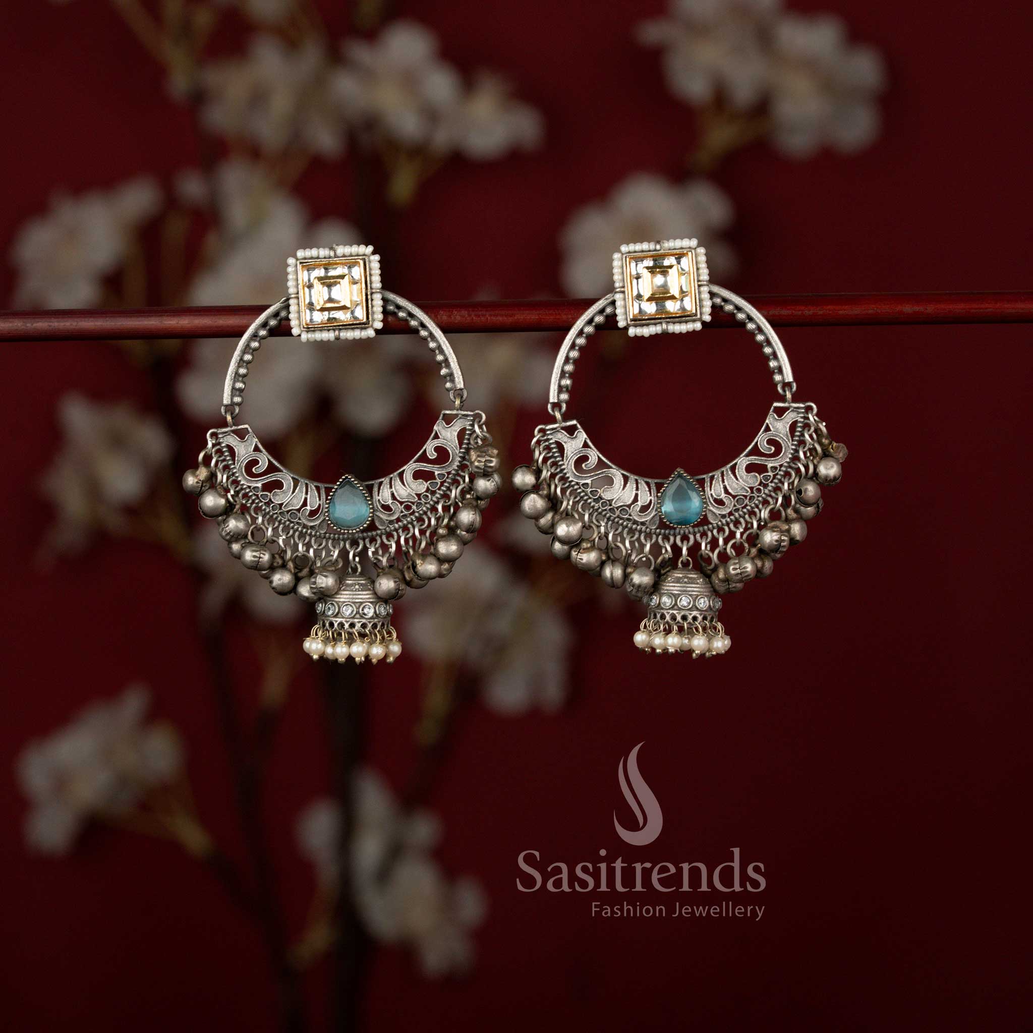 Sasitrends striking antique 92.5 silver plated ocean blue oxidised square hoop chandbali earrings featuring a bold geometric frame, intricate handcrafted detailing and graceful pearl drops ideal for Navarathri celebrations and traditional ethnic wear.