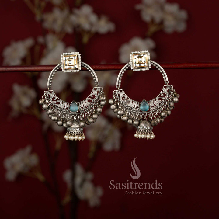 Sasitrends striking antique 92.5 silver plated ocean blue oxidised square hoop chandbali earrings featuring a bold geometric frame, intricate handcrafted detailing and graceful pearl drops ideal for Navarathri celebrations and traditional ethnic wear.