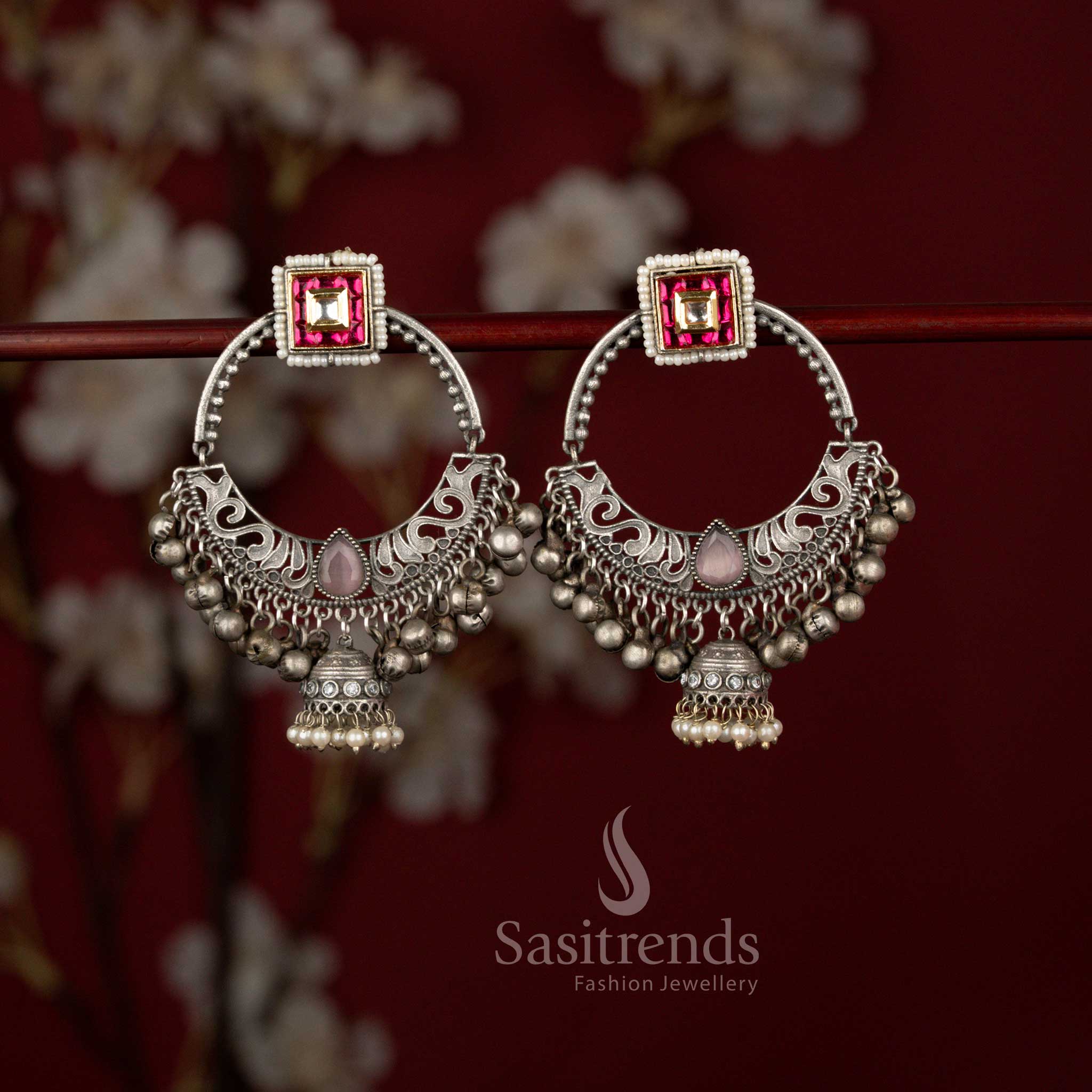 Sasitrends traditional pink antique 92.5 silver plated oxidised square hoop chandbali earrings crafted with detailed textured patterns and finished with elegant pearl drops, perfect for Navarathri evenings and ethnic festivities.