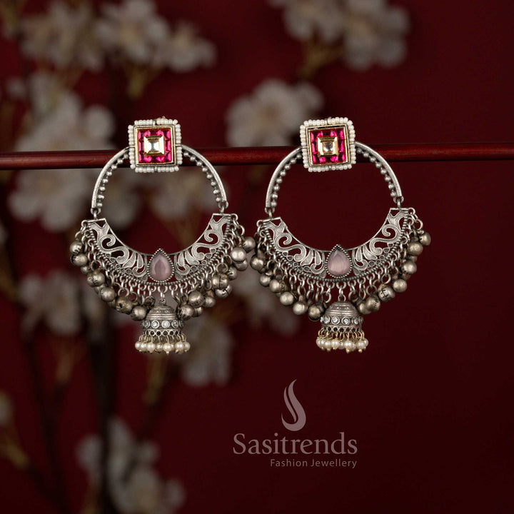 Sasitrends traditional pink antique 92.5 silver plated oxidised square hoop chandbali earrings crafted with detailed textured patterns and finished with elegant pearl drops, perfect for Navarathri evenings and ethnic festivities.