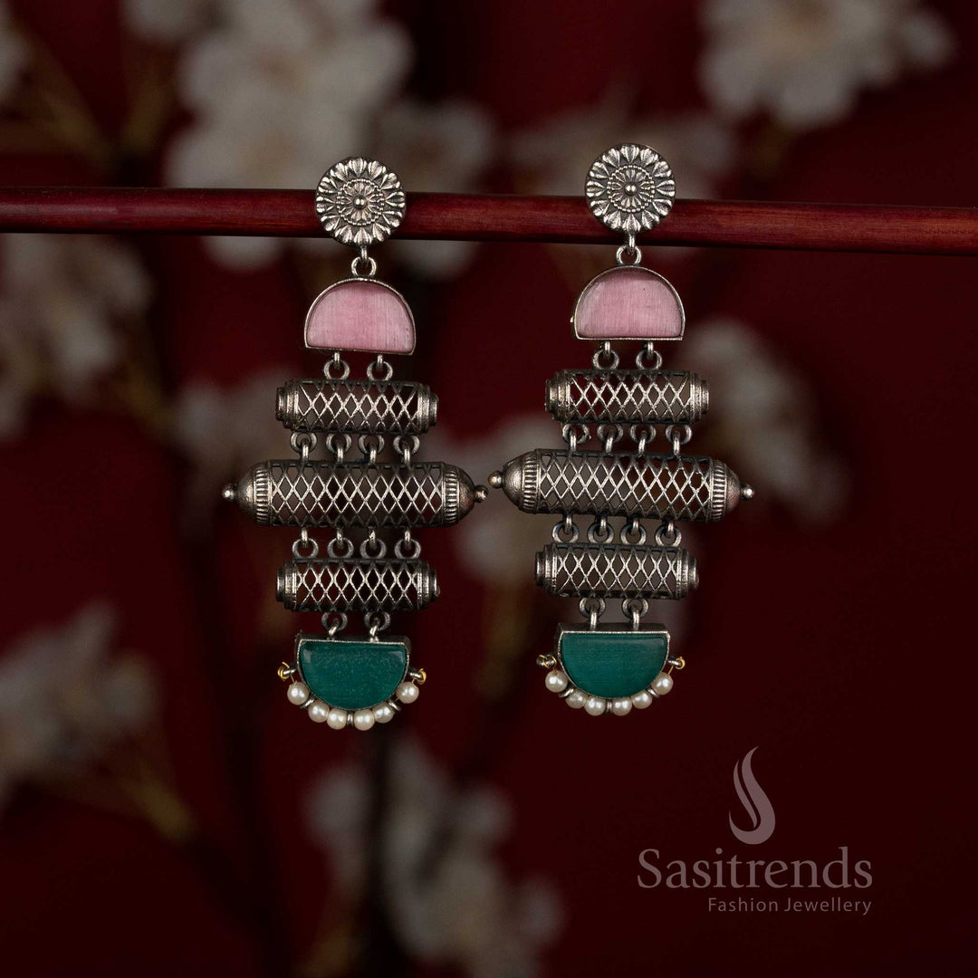 Antique Oxidised Silver Plated Multi-Layered Barrel Structure Statement Earrings with Textured Cylindrical Design, Stone Panels and Pearl Drop Finish - Sasitrends