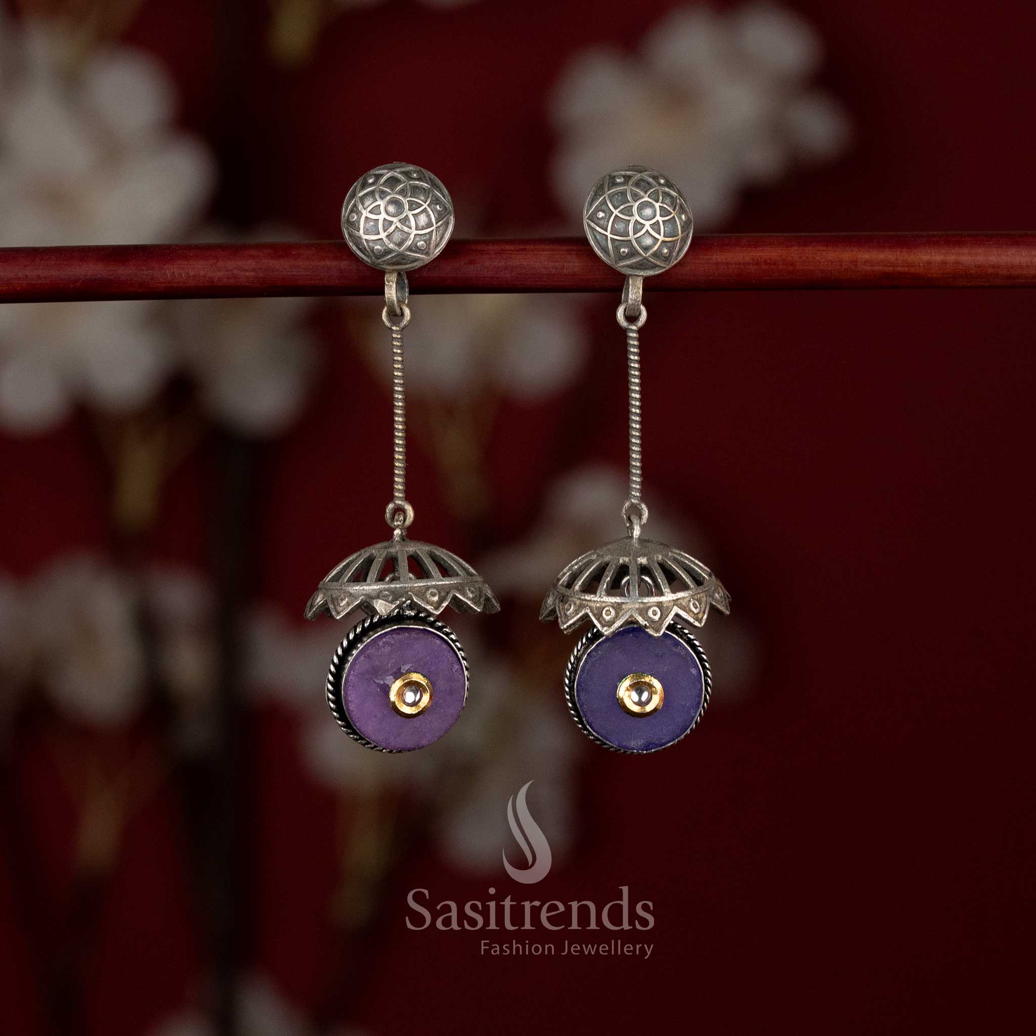 Antique oxidised silver plated dome drop earrings with purple stone engraved stud top and hanging rod structure - Sasitrends