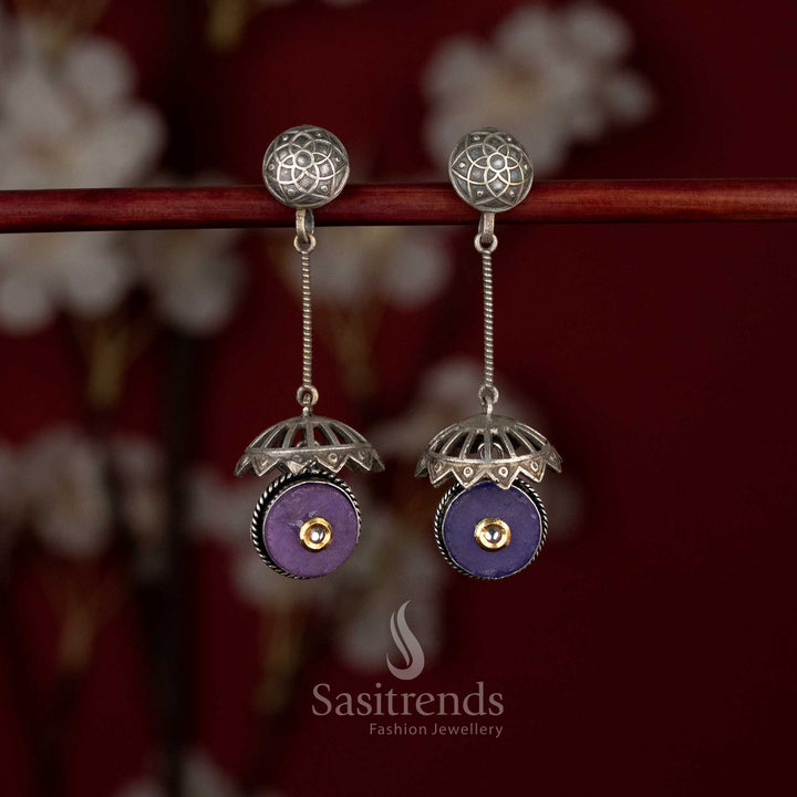 Antique oxidised silver plated dome drop earrings with purple stone engraved stud top and hanging rod structure - Sasitrends