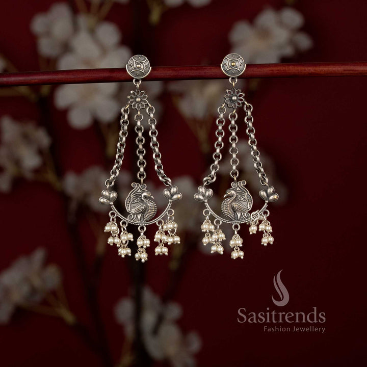 Stunning Antique Oxidised Silver Plated Peacock Motif Chain Drop Earrings with Floral Stud, Layered Chain Design and Pearl Hangings