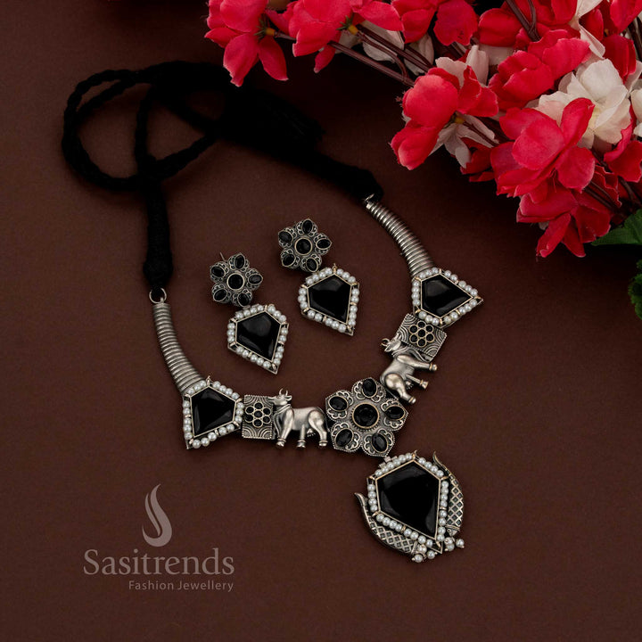 Sasitrends oxidised gomatha motif husli necklace set with geometric pendant detailing, Navarathri wear