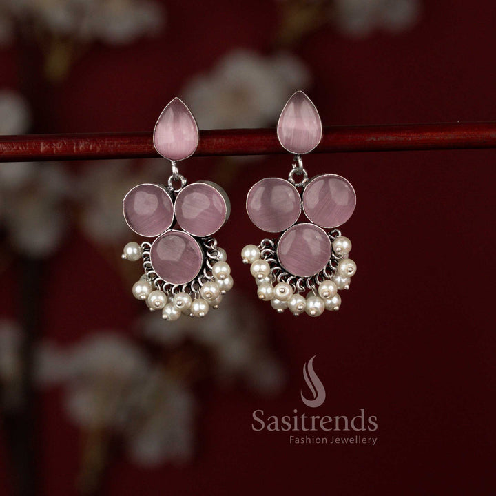 Sasitrends antique pink oxidised silver earrings designed with a polished round Monalisa stone stud connected to a teardrop frame and finished with soft pearl drops, perfect for kurtis, office meetups and subtle ethnic styling.