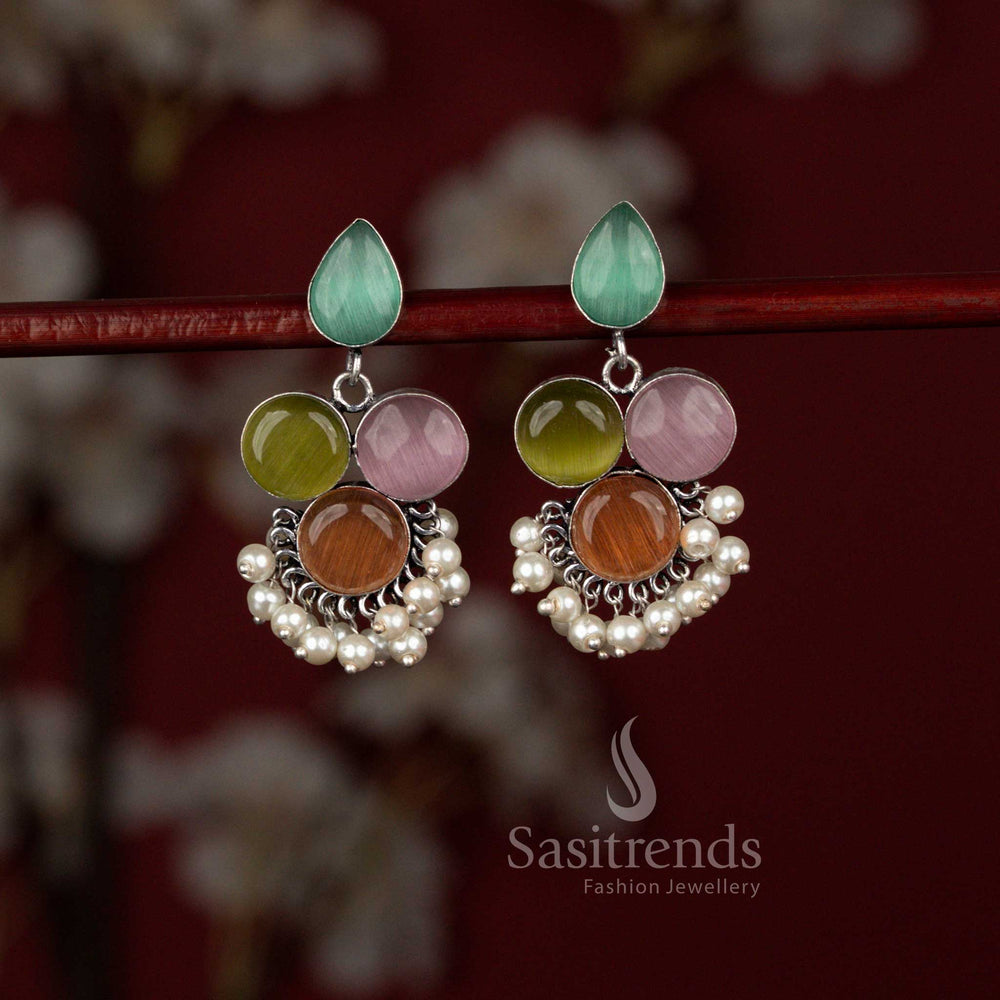 Sasitrends multi oxidised silver earrings featuring a graceful combination of teardrop and round Monalisa stones, accented with delicate pearl hangings, making them ideal for kurtis, office meetups and everyday ethnic styling.
