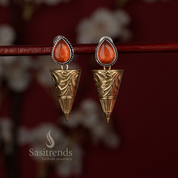 Sasitrends orange oxidised silver teardrop-to-cone stud earrings featuring a sleek geometric transition design that blends modern minimalism with subtle ethnic charm, perfect for evening cafés, art walks and relaxed casual outings.
