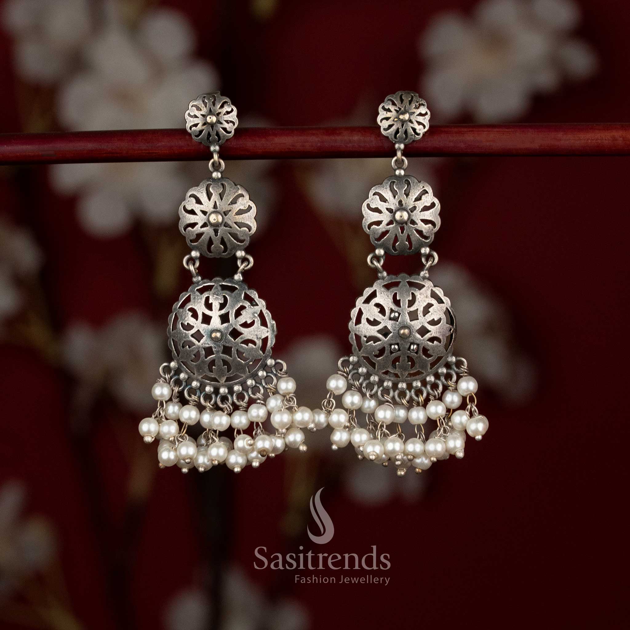 Sasitrends handcrafted oxidised silver jhumka earrings featuring cutwork dome and traditional detailing