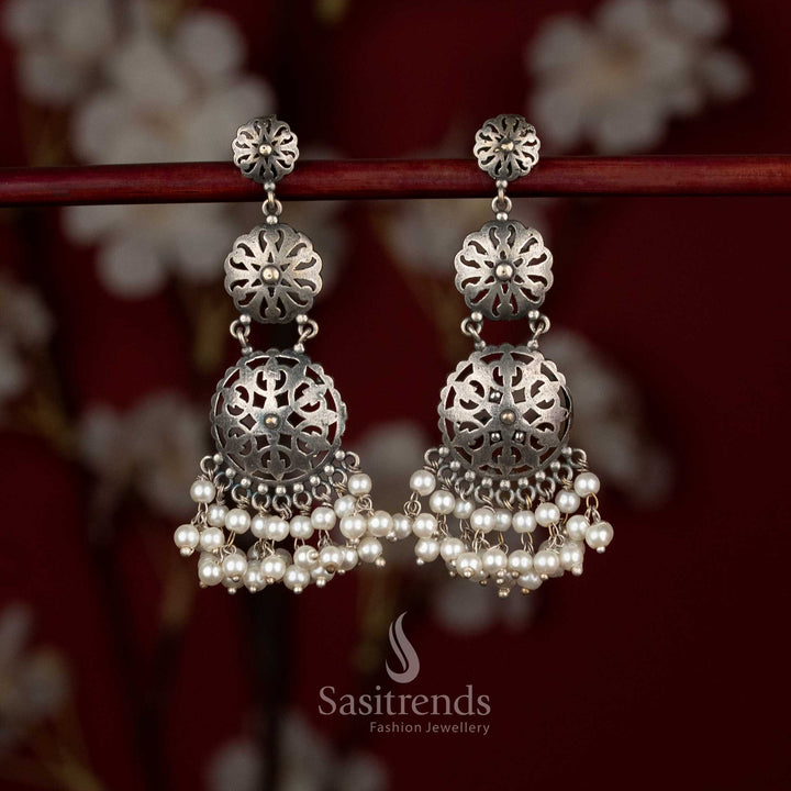 Oxidised Silver Filigree Earrings with Layered Floral Studs, Dome Cutwork Design and Pearl Drop Detailing