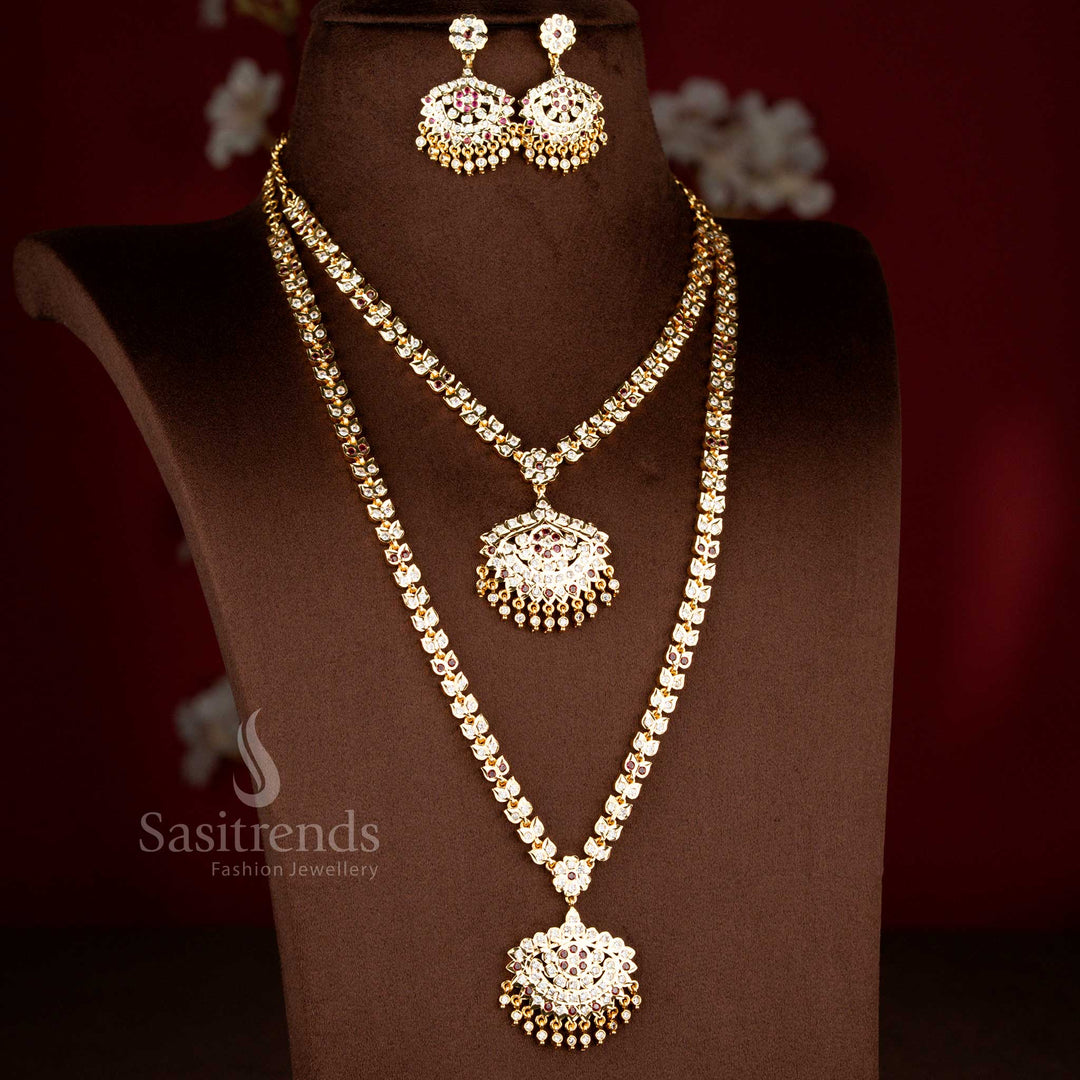Traditional Impon Addigai micro gold plated layered necklace set with matching earrings by Sasitrends featuring white ruby AD stone detailing and 24k pure gold real gold look finish