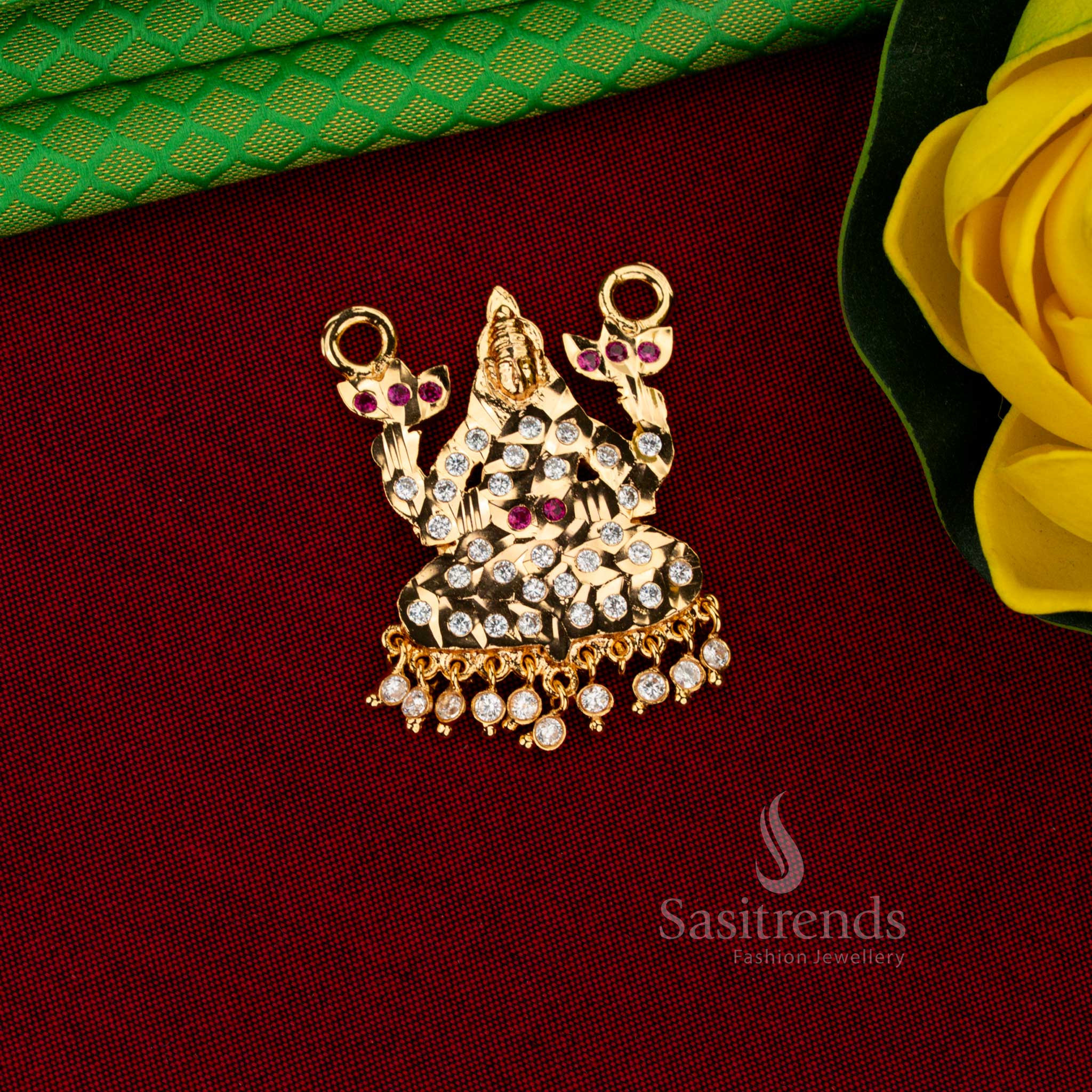 Sasitrends Impon Addigai micro gold plated white ruby AD stone guaranteed pendant with structured goddess Lakshmi design