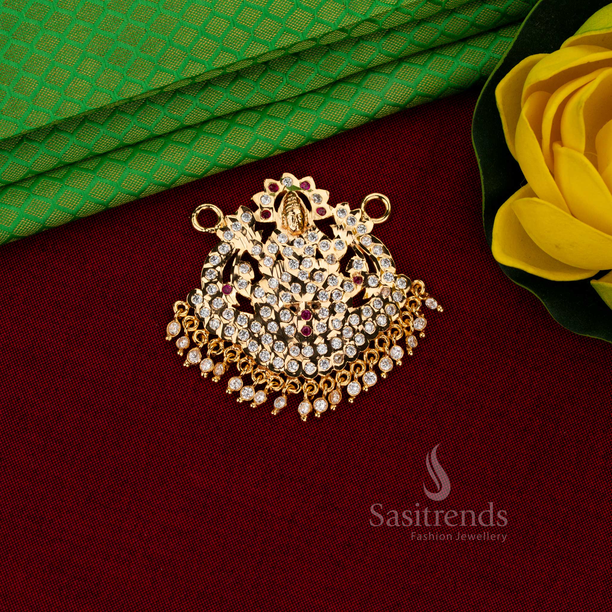 Sasitrends Impon Addigai micro gold plated white ruby AD stone Lakshmi Devi structured pendant, Traditional festive wear