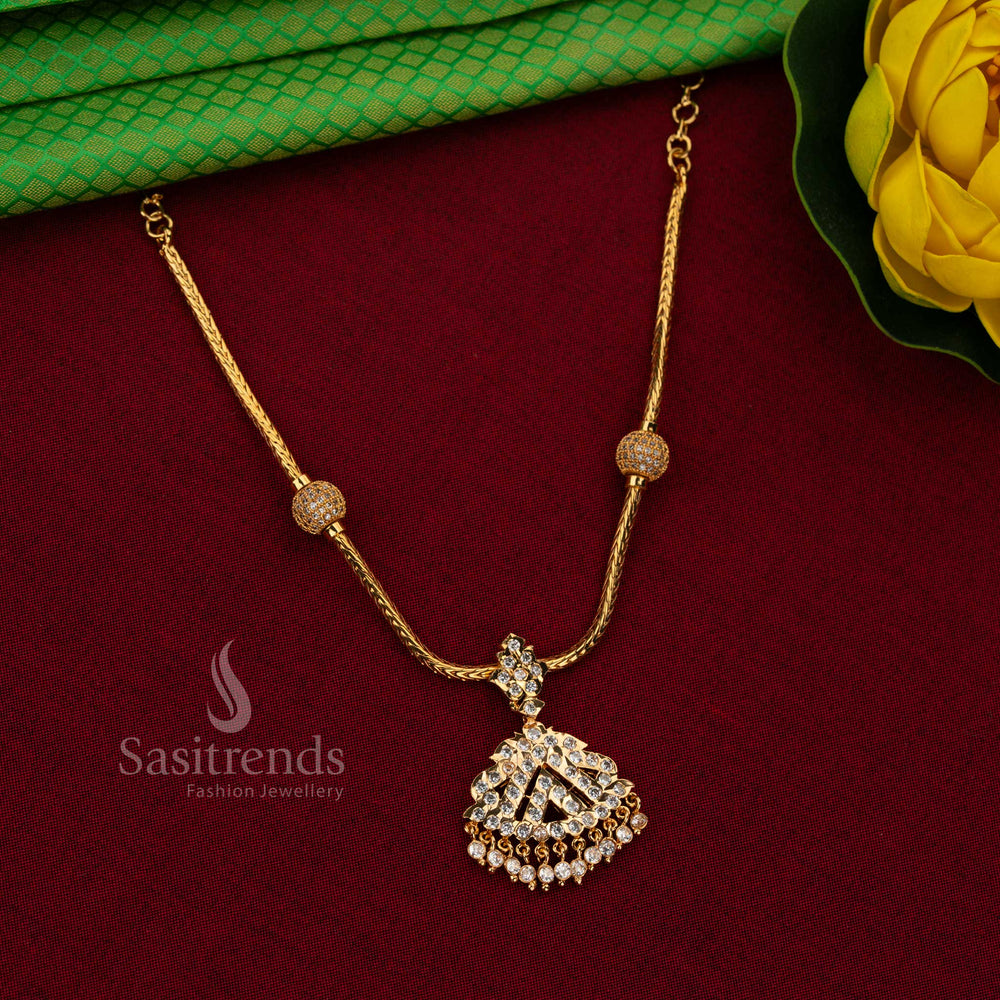 Sasitrends Impon Attigai micro gold plated white AD stone necklace with twisted rope chain and geometric fan-shaped openwork pendant