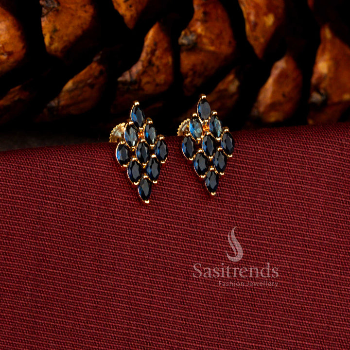 Sasitrends elegant guaranteed micro gold plated blue AD rhombus silhouette earrings featuring a radiant 24 carat gold lustre finish and sparkling American diamond detailing for premium festive and party styling.