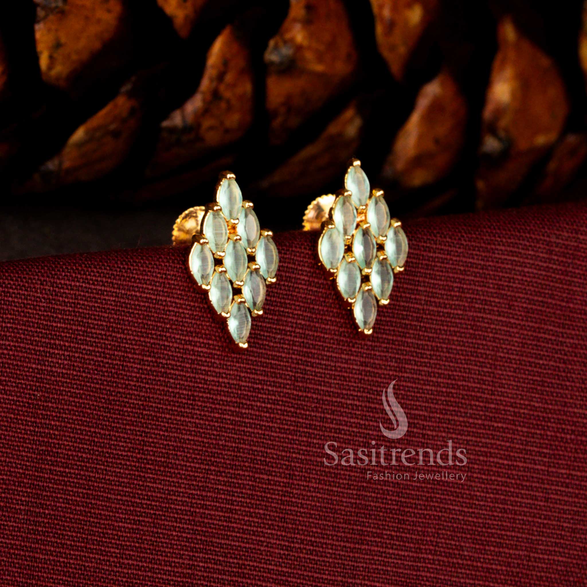 Sasitrends guaranteed micro gold plated mint AD rhombus geometric drop earrings featuring sparkling American diamonds and a rich 24 carat gold lustre polish that offers a premium real gold look.