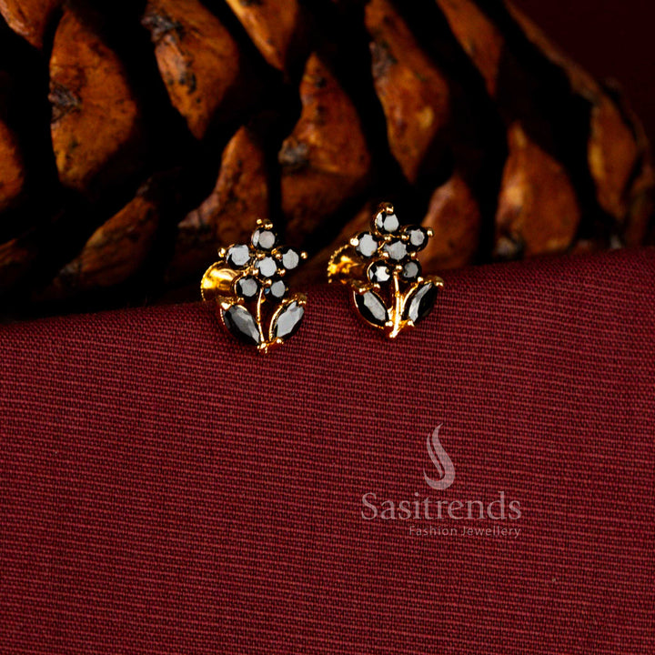 Sasitrends guaranteed one gram micro gold plated black AD stone floral starburst earrings featuring intricate marquise leaf detailing and a radiant real gold look finish perfect for festive and wedding styling.