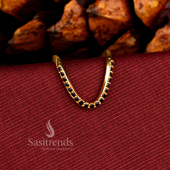 Sasitrends elegant 24K micro gold plated black AD bold U-shaped curved arc statement ring designed with precision stone craftsmanship and a guaranteed radiant real gold look finish for festive, bridal and party wear.