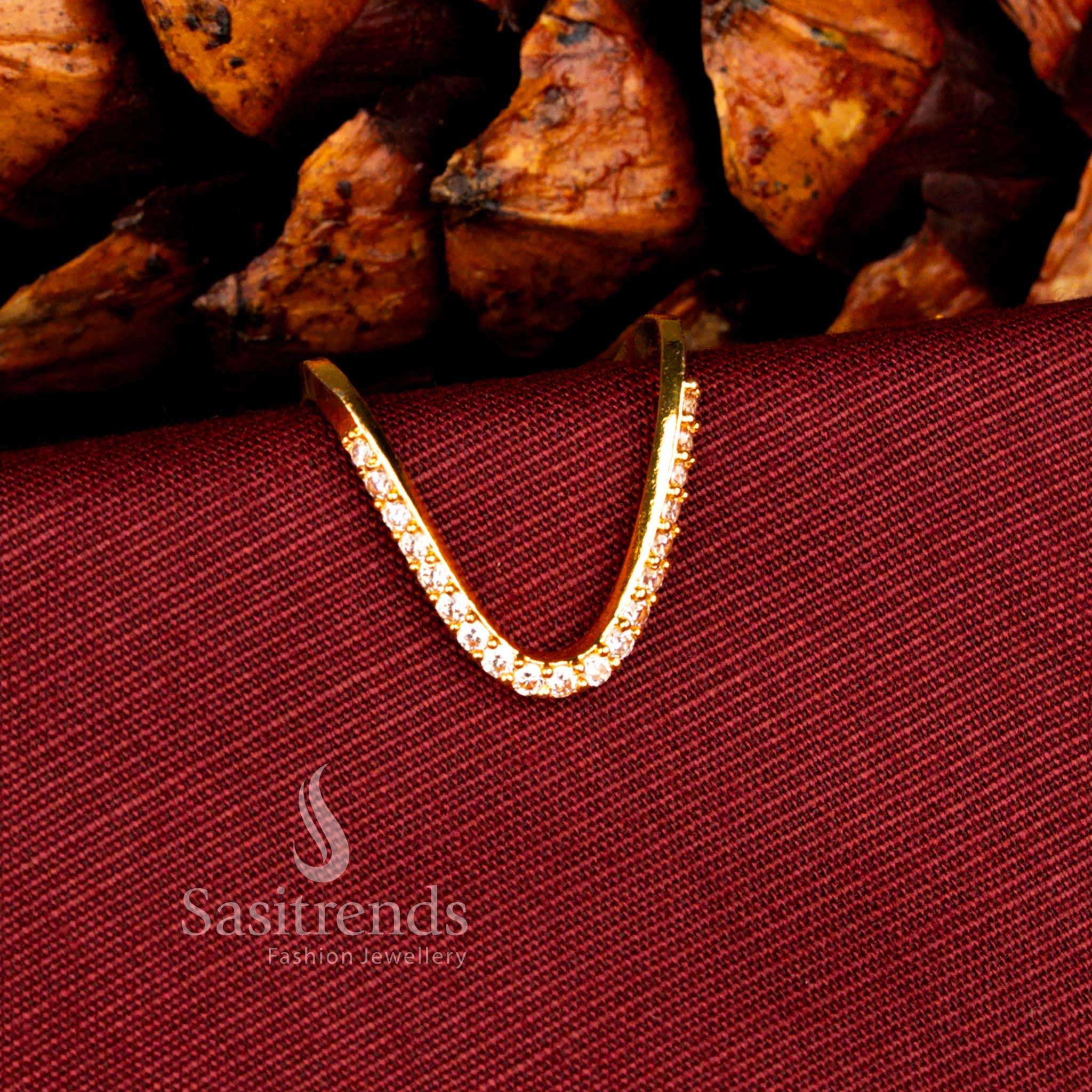 Sasitrends guaranteed 24K micro gold plated white AD bold U-shaped curved arc statement ring featuring precision stone setting and a radiant real gold look finish perfect for festive and party styling.