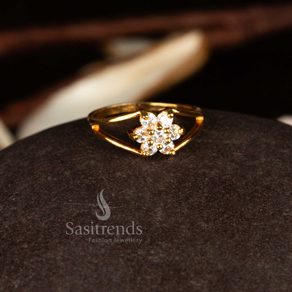 Sasitrends beautifully crafted 24K micro gold plated white AD floral cluster structured statement ring featuring precision stone setting and an elegant split band design with a radiant real gold look finish.