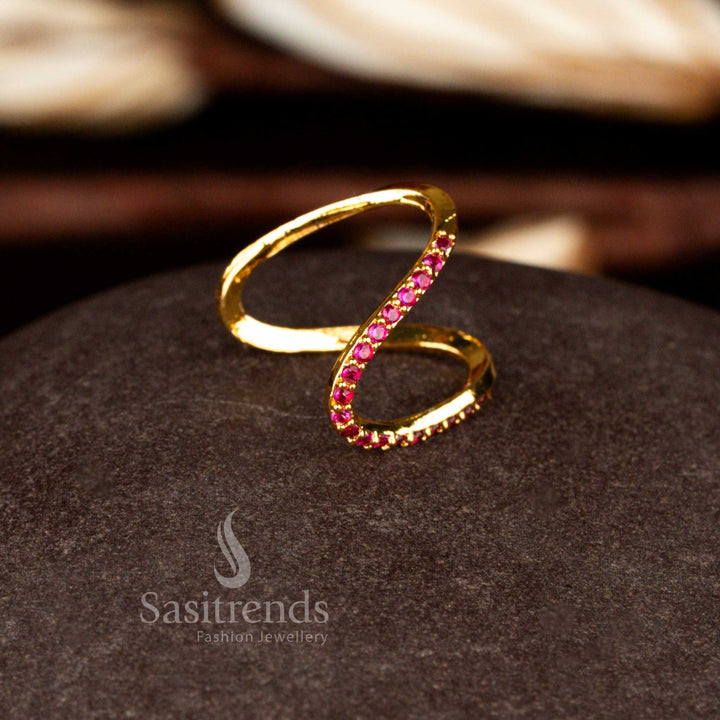 Sasitrends micro gold plated ruby AD bold U-shaped curved arc structure statement ring featuring precision stone setting and a radiant real gold look finish perfect for festive and party styling.