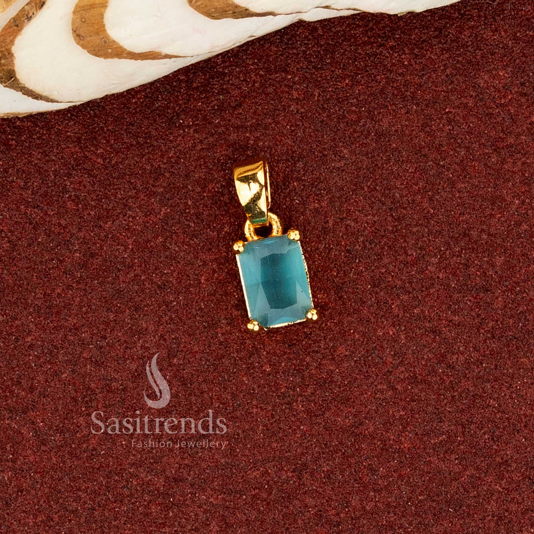 Sasitrends 24K one gram micro gold plated rectangular cut ocean blue stone pendant with refined four-prong gold setting and polished finish
